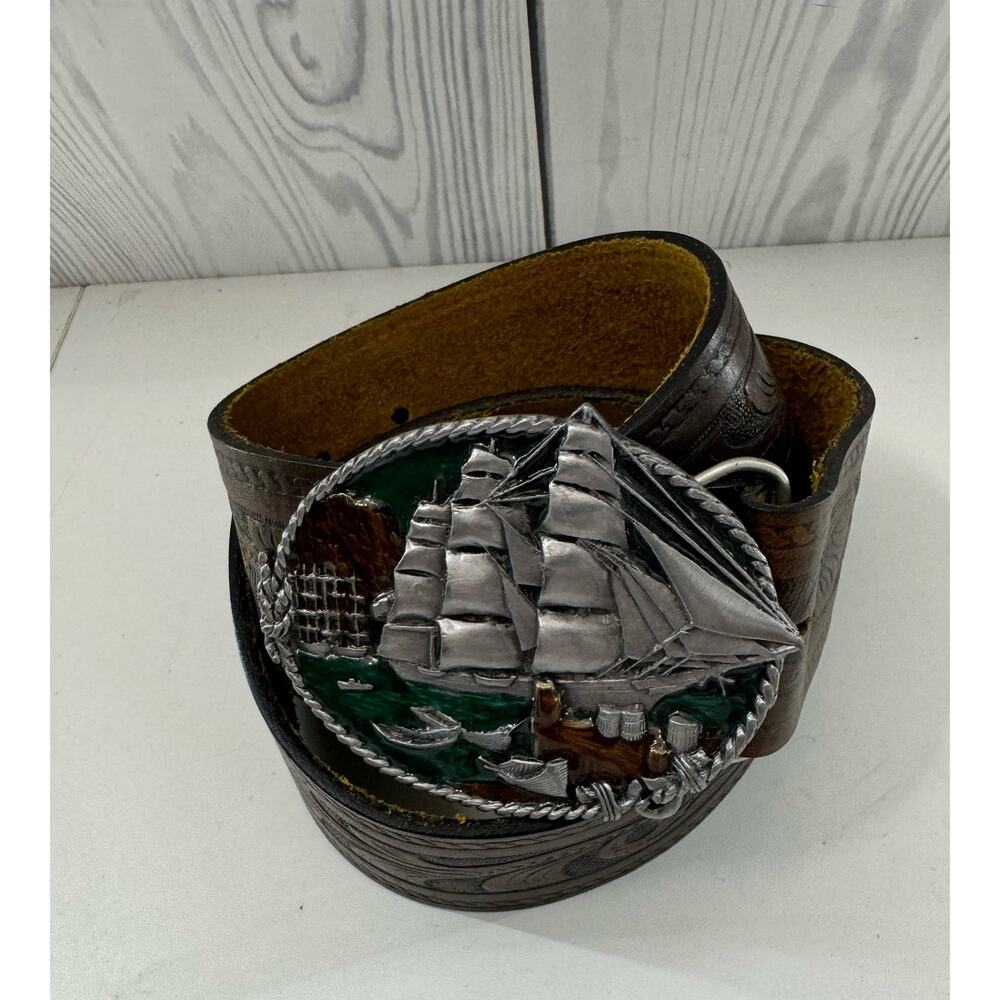 Bergamot 1983 Vintage Brass Works Belt Buckle Sailing Ship w/Belt